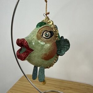 Katherine's Collection Ornament Green Glitter Kissing Anthropomorphic Glam Fish